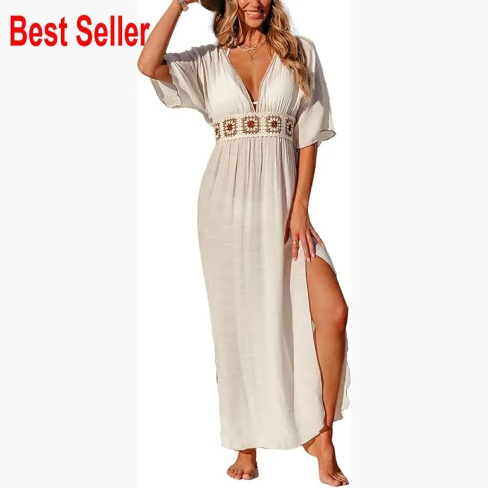 Rayon Blend Maxi Coverup Dress with V Neck and Split Hem